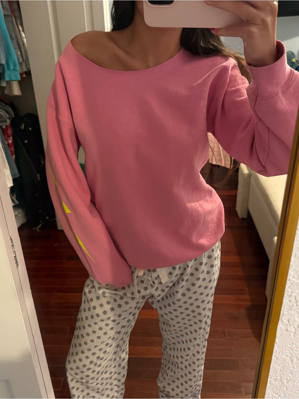Off-the-Shoulder Pink Women’s Sweater with Neon Yellow Lightning Bolt